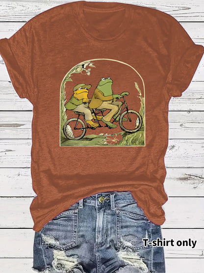 Frog riding bicycle printed short sleeved shirt
