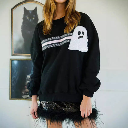Halloween Element Sequin Long Sleeve Crew Neck Sweatshirt