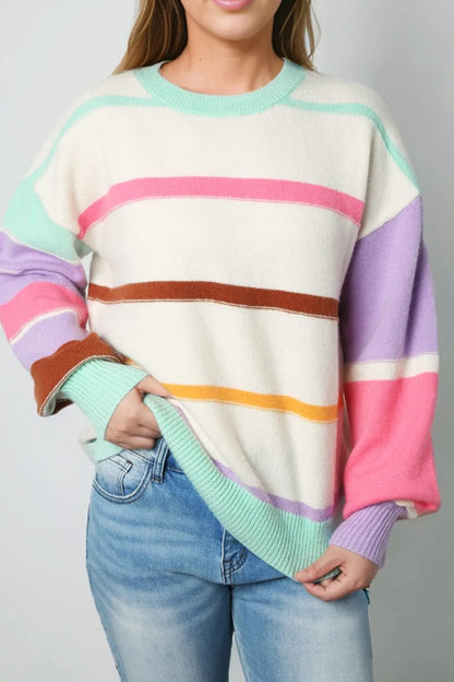Personalized striped contrasting dopamine shoulder sweater for women