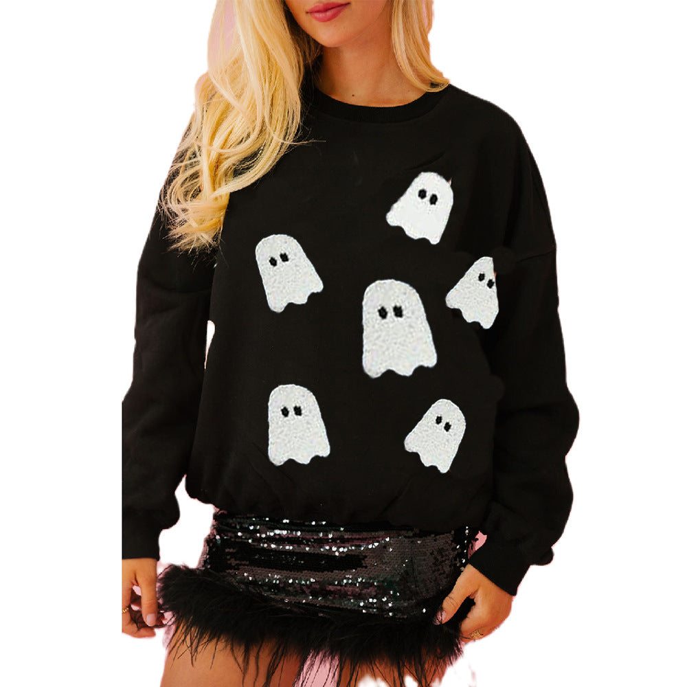 Halloween Element Sequin Long Sleeve Crew Neck Sweatshirt