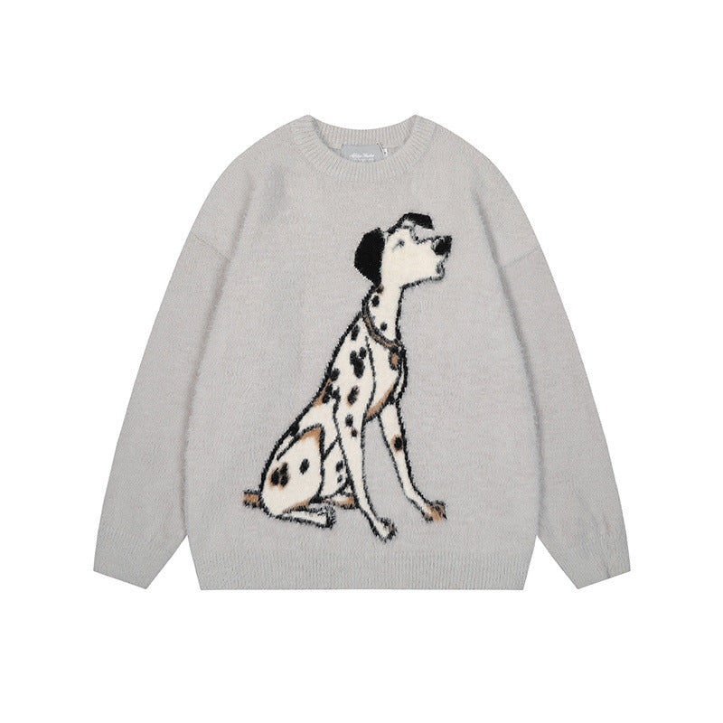 Mohair spotted dog jacquard round neck pullover sweater for men and women