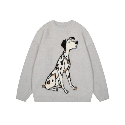 Mohair spotted dog jacquard round neck pullover sweater for men and women