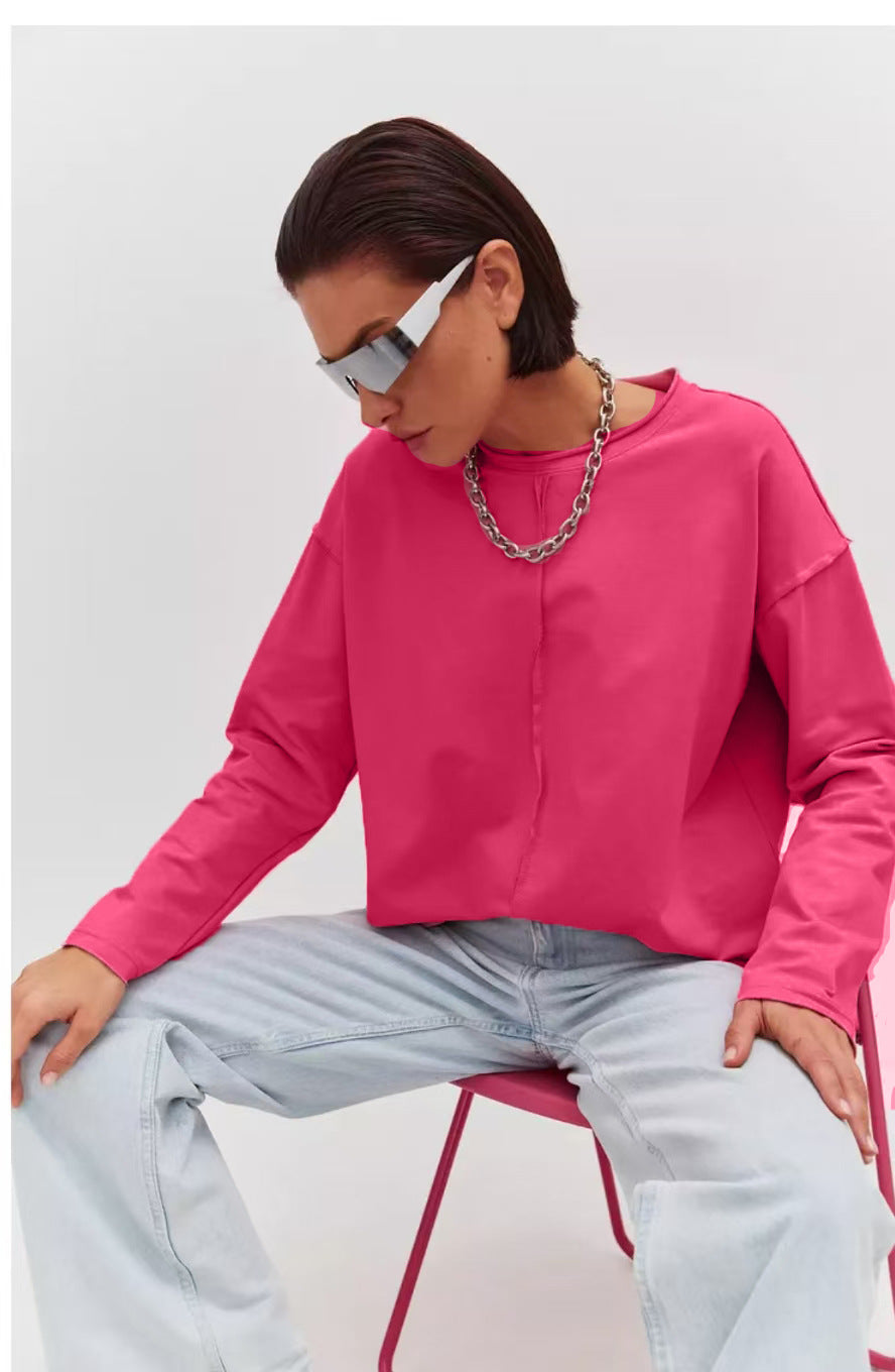 Worn-out Pure Cotton Long Sleeve T-Shirt for Women, Loose Soft Knitted Terry Cloth Top