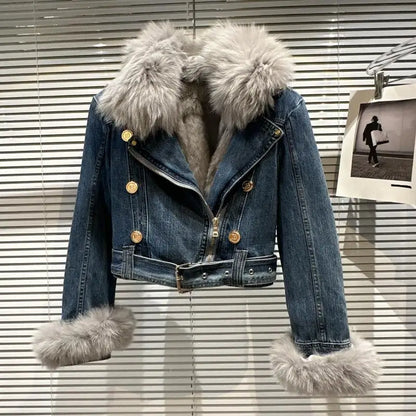 Women Denim Coat  Winer New Fox Fur Collar Rabbit Inner Metal Buckle Zipper Belt High Waist Warm Short Jean Jacket