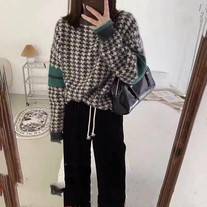 Winter new lazy style Japanese retro houndstooth sweater for women, autumn and winter loose design top for women