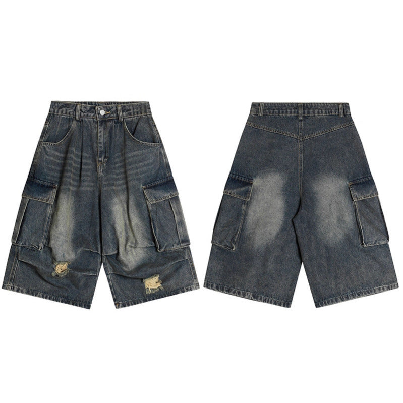 Washed multi pocket workwear denim shorts for men