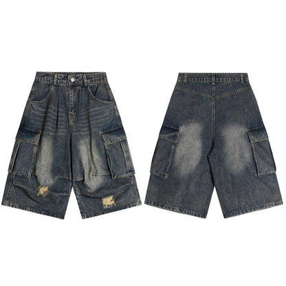 Washed multi pocket workwear denim shorts for men