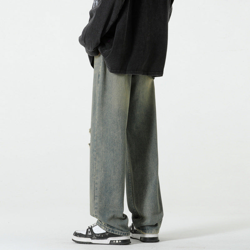 Hole-Designed Straight Leg Jeans for Men