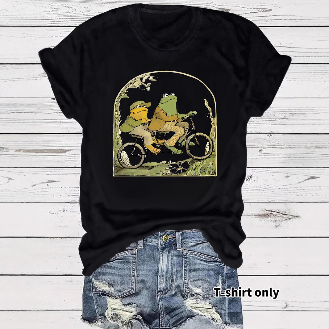 Frog riding bicycle printed short sleeved shirt