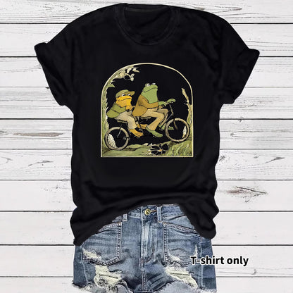 Frog riding bicycle printed short sleeved shirt