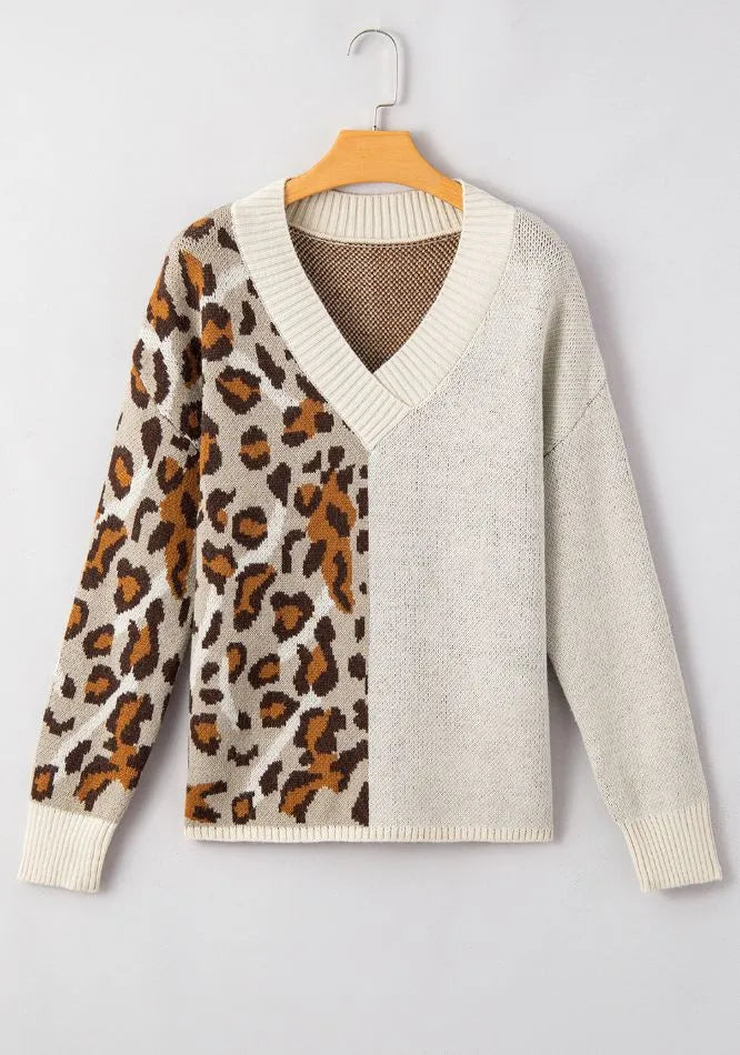 V-neck long sleeved top for women European and American fashion versatile leopard print knitted sweater for women