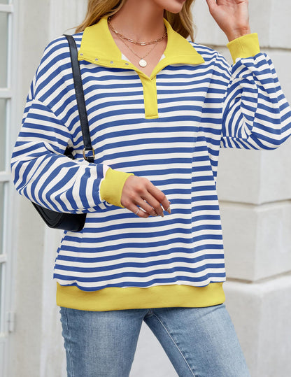 Loose casual lapel button striped sweatshirt for women