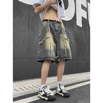 Retro fringed denim shorts for men