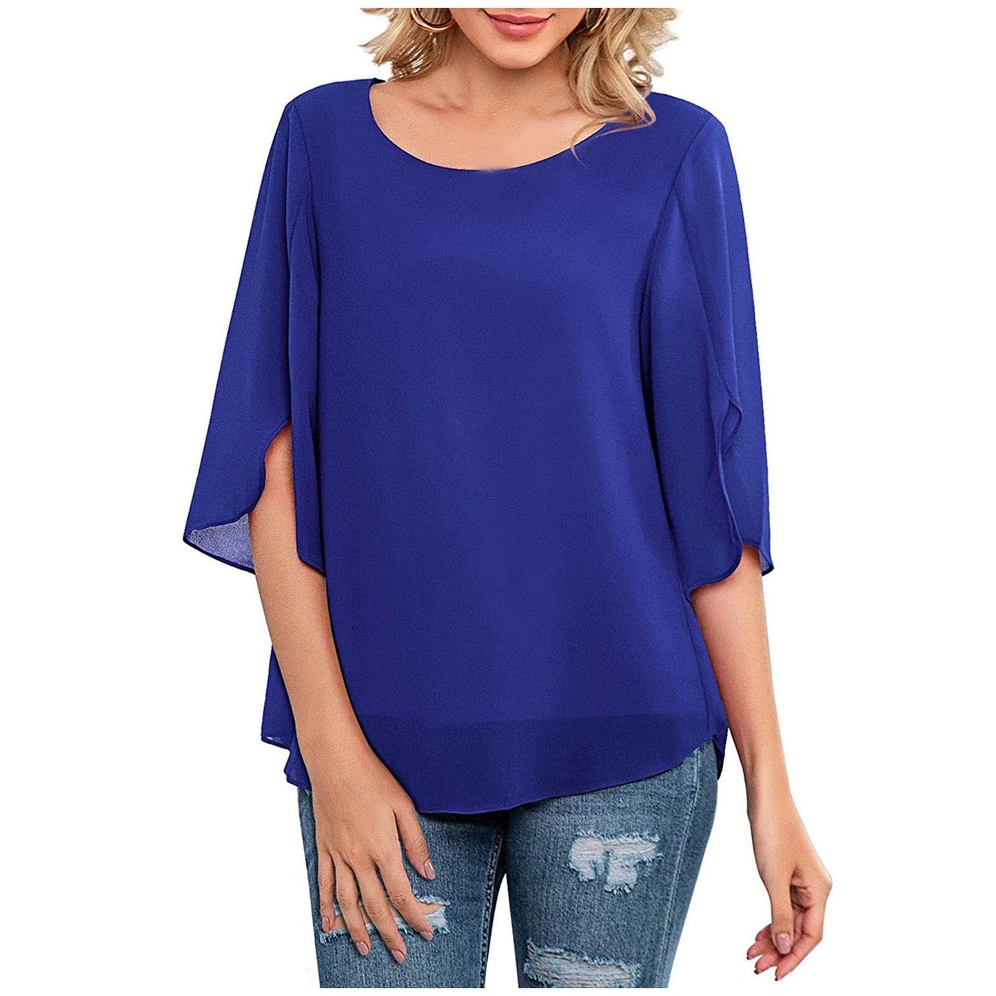 Summer Casual Chiffon Tunic Tops Women Soild Fashion Blouses Round Neck Loose 3/4 Sleeve Elegant Shirts For Women Bluzki Damskie