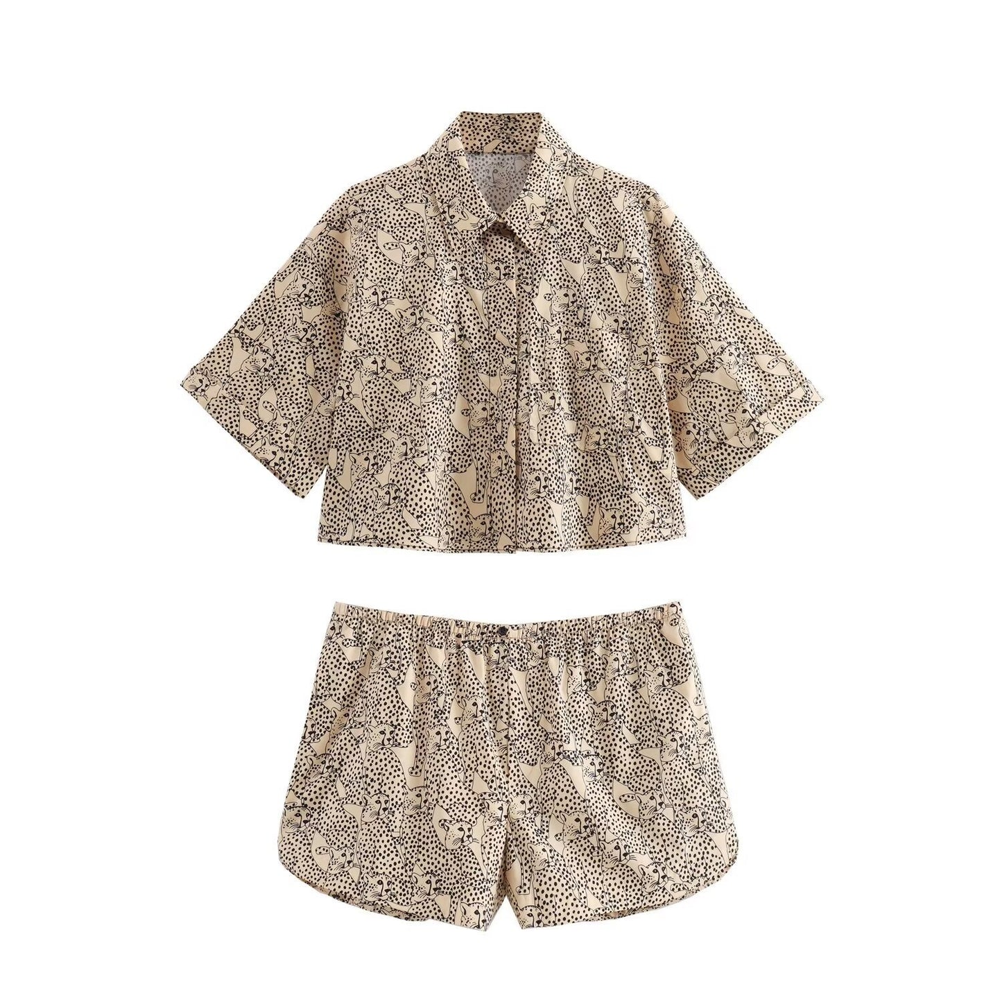 Summer New Product European and American Women's Fashion Short Printed Shirt+Shorts Set