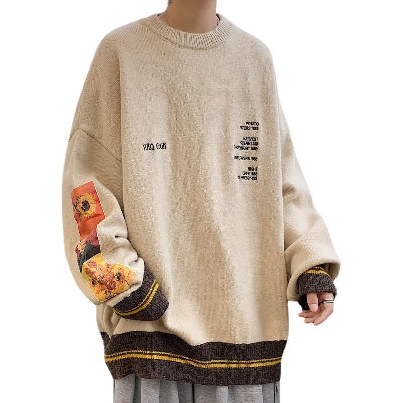 Sweater for men in autumn and winter, thickened round neck, oversized, loose, retro Japanese knit sweater, trendy outerwear for