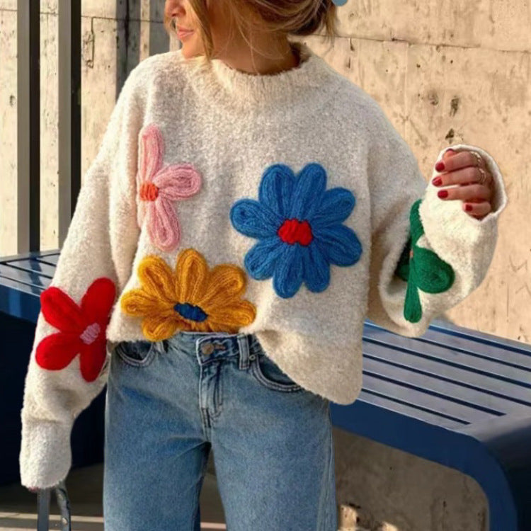 Colorful small flower sweater  pullover knitted sweater for women