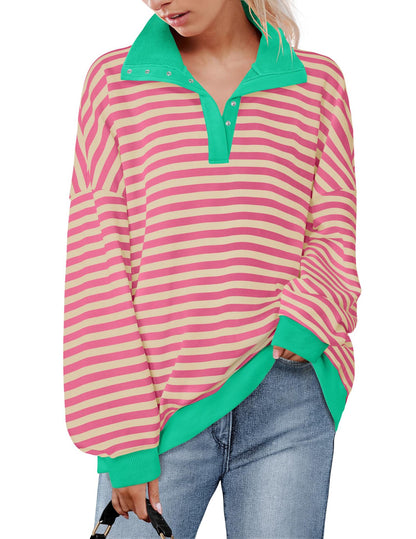 Loose casual lapel button striped sweatshirt for women