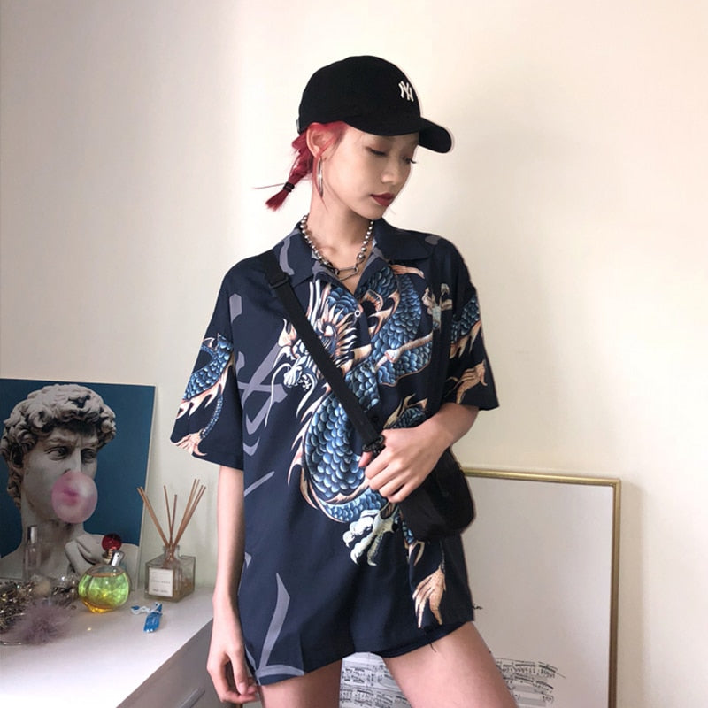 Summer Spring Women Blouses BF style oversized shirts Harajuku Tops Dragon Printing Short Sleeve Shirts Female Streetwear
