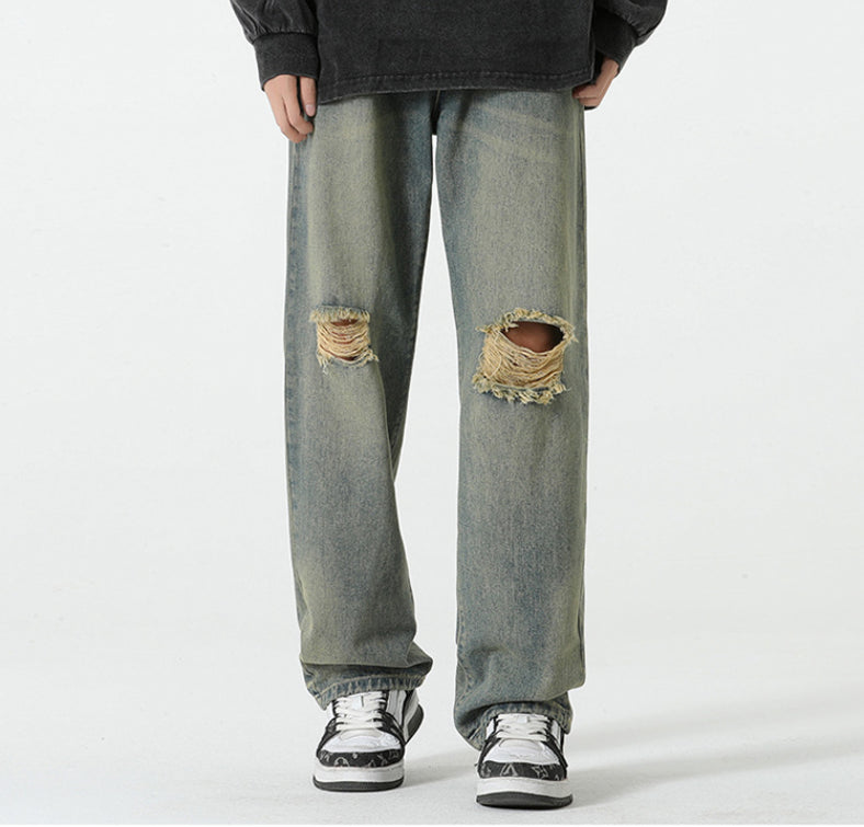 Hole-Designed Straight Leg Jeans for Men