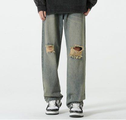 Hole-Designed Straight Leg Jeans for Men
