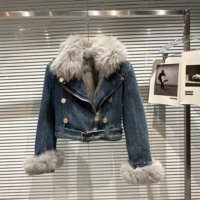 Women Denim Coat  Winer New Fox Fur Collar Rabbit Inner Metal Buckle Zipper Belt High Waist Warm Short Jean Jacket