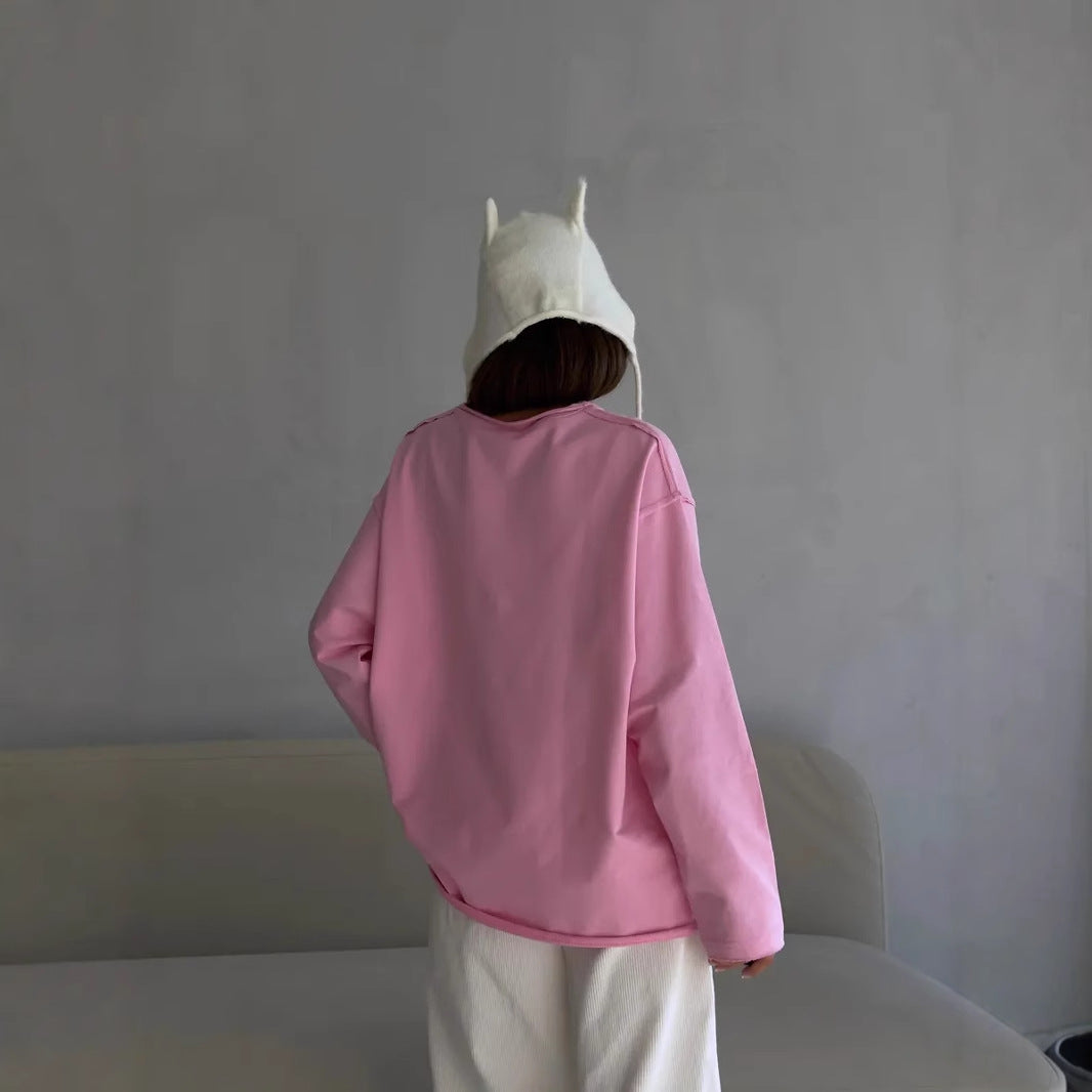 Worn-out Pure Cotton Long Sleeve T-Shirt for Women, Loose Soft Knitted Terry Cloth Top