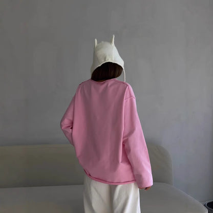 Worn-out Pure Cotton Long Sleeve T-Shirt for Women, Loose Soft Knitted Terry Cloth Top