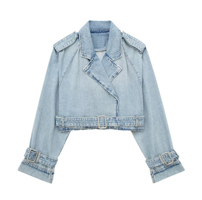 Women's Spring Denim Jackets Long Sleeve Crop Top Jacket With Belt Cropped Jean Jacket For Women
