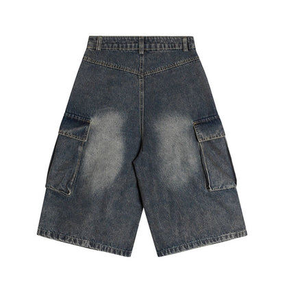 Washed multi pocket workwear denim shorts for men
