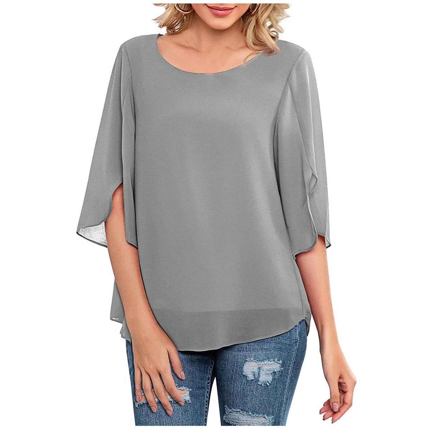 Summer Casual Chiffon Tunic Tops Women Soild Fashion Blouses Round Neck Loose 3/4 Sleeve Elegant Shirts For Women Bluzki Damskie