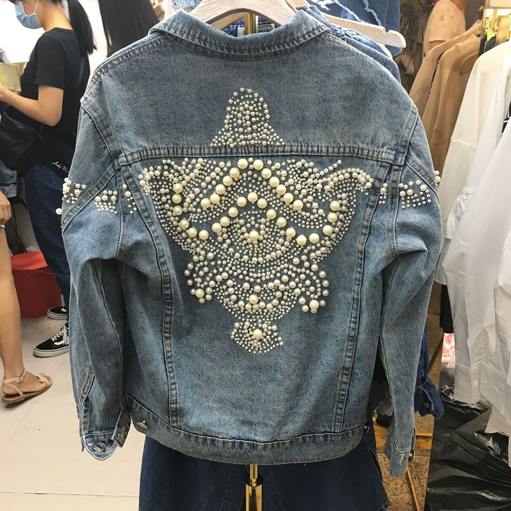 Embroidery Denim Jacket Beading Pattern Jean Jacket Long Sleeve Vintage Pocket Demin Punk Jackets Women Outerwear