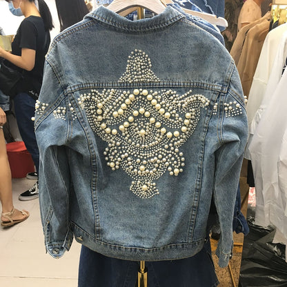 Embroidery Denim Jacket Beading Pattern Jean Jacket Long Sleeve Vintage Pocket Demin Punk Jackets Women Outerwear