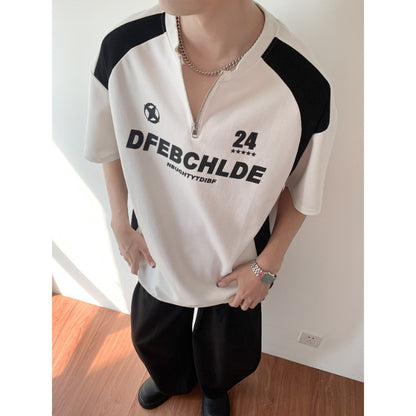 Printed half zipper round neck short sleeved T-shirt for men