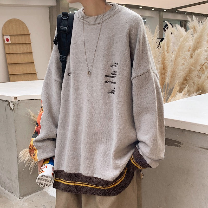 Sweater for men in autumn and winter, thickened round neck, oversized, loose, retro Japanese knit sweater, trendy outerwear for