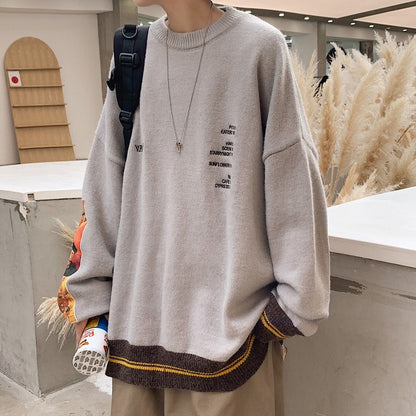 Sweater for men in autumn and winter, thickened round neck, oversized, loose, retro Japanese knit sweater, trendy outerwear for
