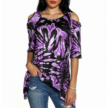Drop Ship Women Summer Tie-dye Print Leakage Shoulder Tshirt Half Sleeve Women Loose Casual Print Shirts Top Womens Tees