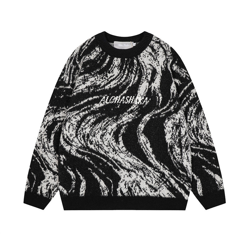 Letter embroidery loose round neck pullover knitted sweater for men