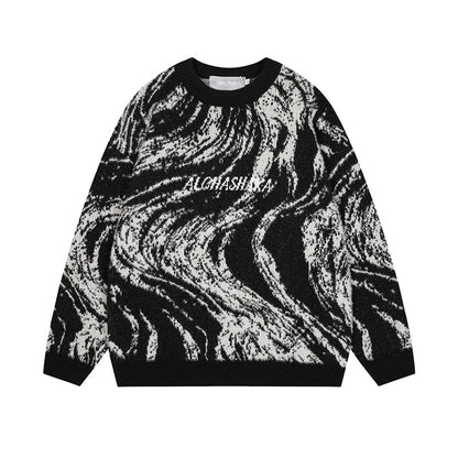 Letter embroidery loose round neck pullover knitted sweater for men