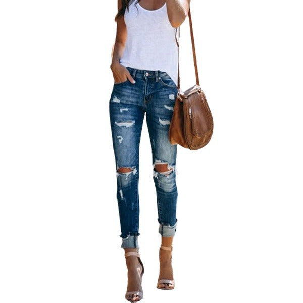 High waisted ripped elastic jeans for women
