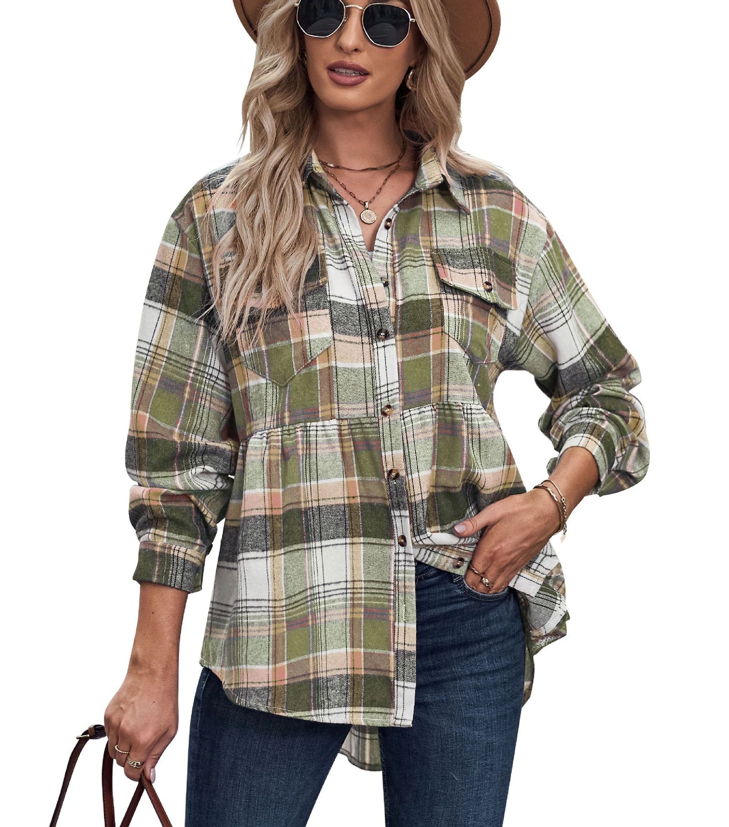 Women's Upper Garment Autumn And Winter New Product Lapel Long Sleeve Pocket Casual Plaid Shirt