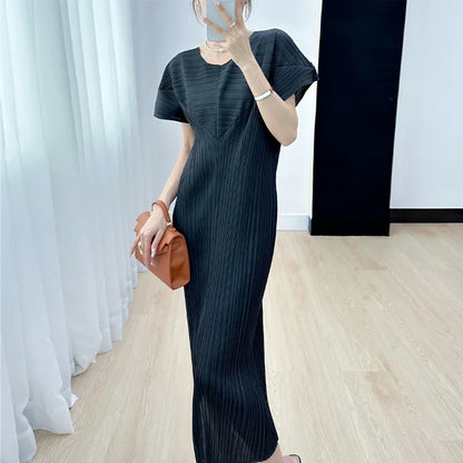 Pleated O Neck Dress Women  New Spring Summer Straight  Long Short Style Loose Solid Color Casual Cloth