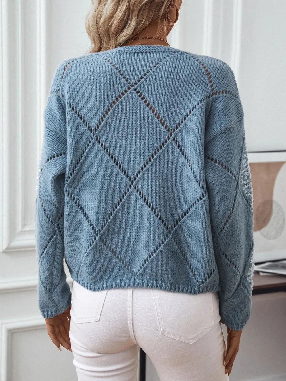 Fashion hollow sequin knitted sweater for women autumn and winter diamond grid pullover loose sweater for women