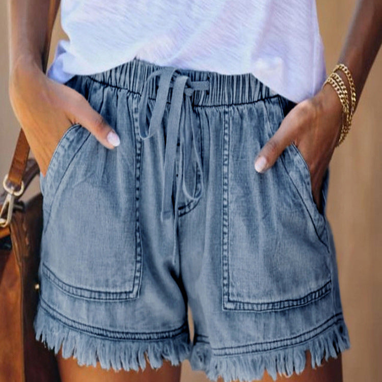 Elastic waist fringe denim shorts for women