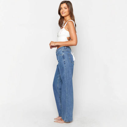 Straight bow denim pants for women