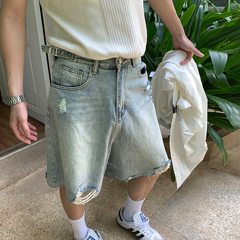 Washed distressed denim shorts for men