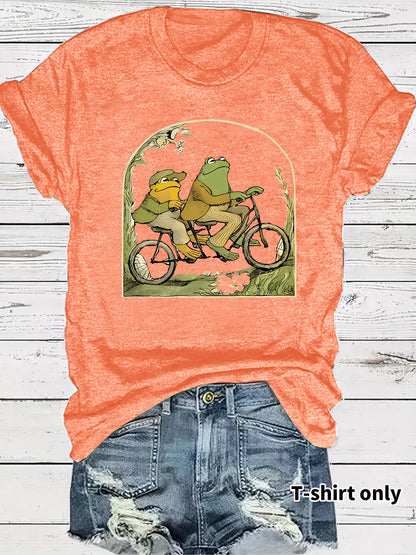 Frog riding bicycle printed short sleeved shirt