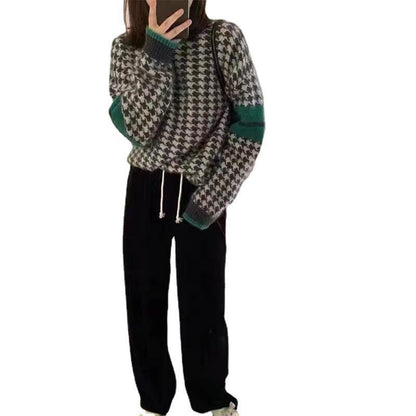 Winter new lazy style Japanese retro houndstooth sweater for women, autumn and winter loose design top for women