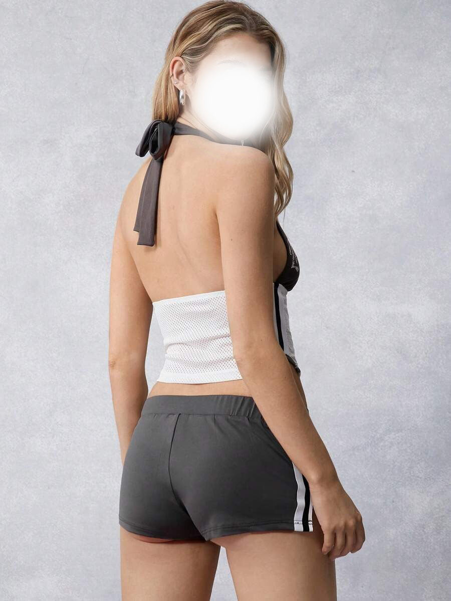 Street Trend Design Halter Neck Letter Print Short Length Versatile Fitted Slimming Tank Top