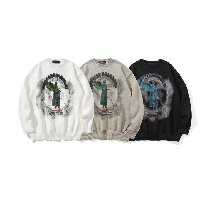 Diablo statue print sweater for men and women round neck pullover sweater angel lightning print streetwear